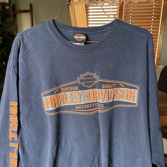 VTG Harley Davidson Shirt Mens Extra Large BLUE LONG SLEEVE DOUBLE SIDED Biker - Picture 1 of 5